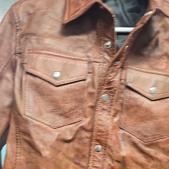 Men's Tan Leather Shirt Jacket - Picture 3 of 4